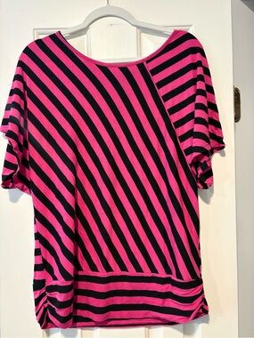 AB Studio Pink and Black Striped Short Sleeve Top